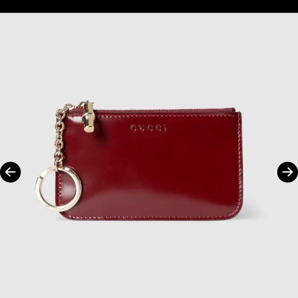 Gucci Deep Red Coin pouch ,, polished Leather with Gold Zip Bamboo charm NWT - Picture 4 of 9
